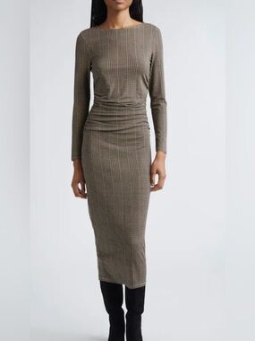 Veronica beard houndstooth Ruched Waist Long Sleeve Midi Dress.